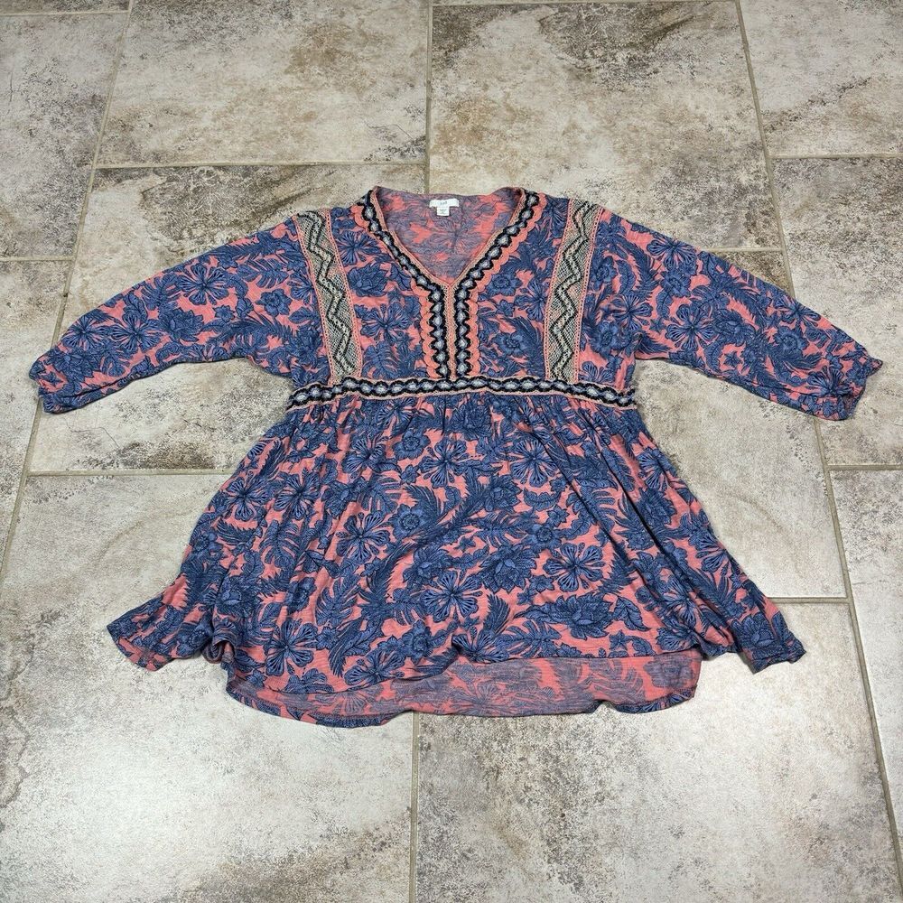 J Jill Top Womens Medium Petite Orange Blue Embroidered Cotton Blend Tunic Boho